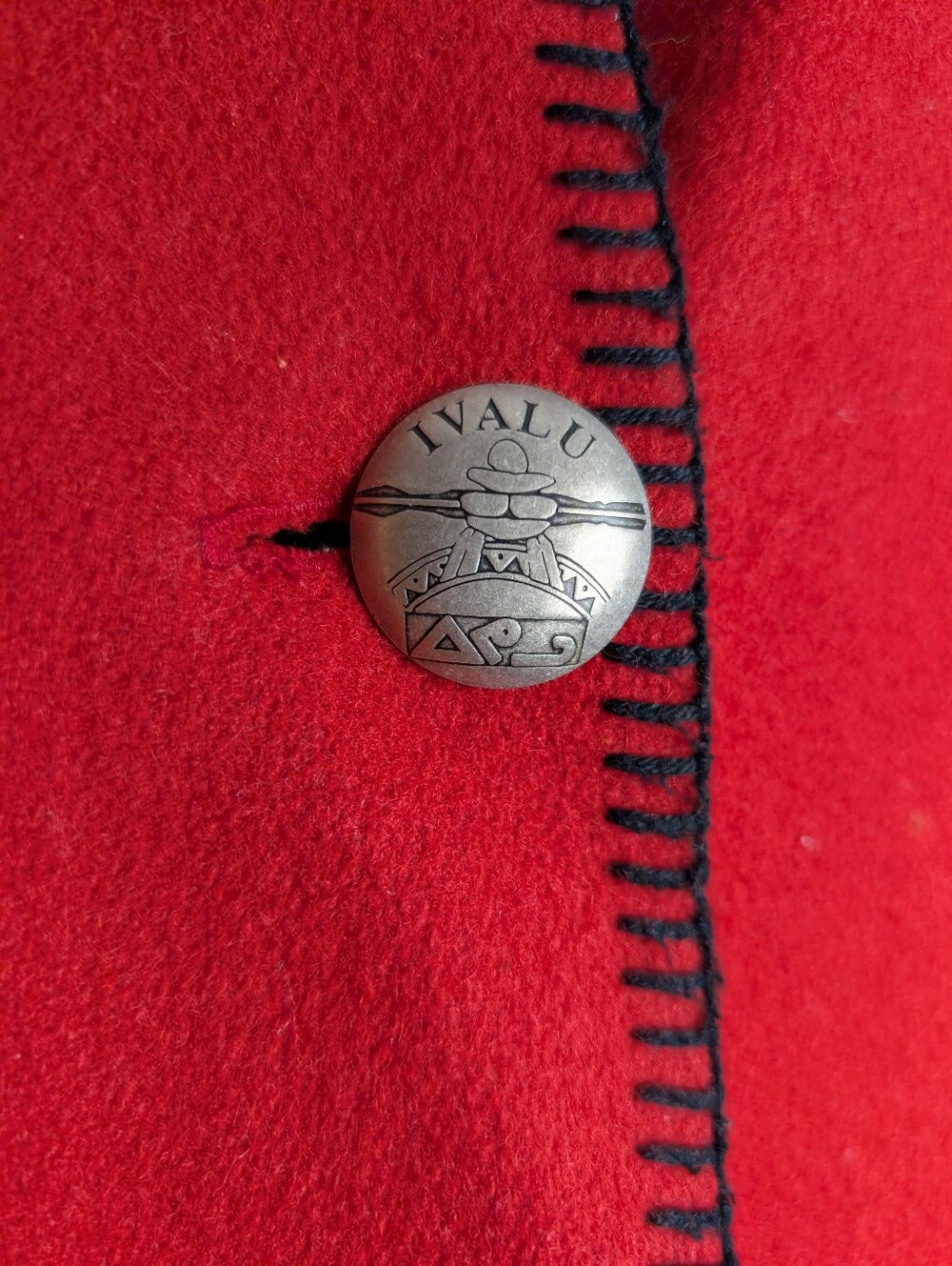 Vintage Ivalu Red Wool Vest Inuit Art Button | Made in Canada | Whipstitch Trim - Picture 8 of 9